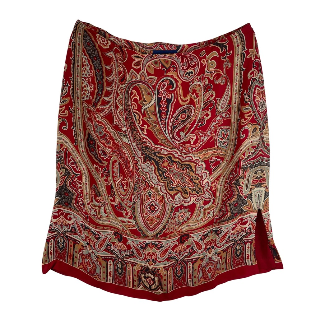 Charter Club Red Paisley 100% Silk Knee Length Skirt Size 14 WPL 8046